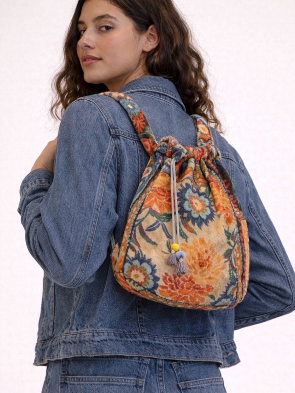 Johnny Was Signature Floral Drawstring Plush Backpack